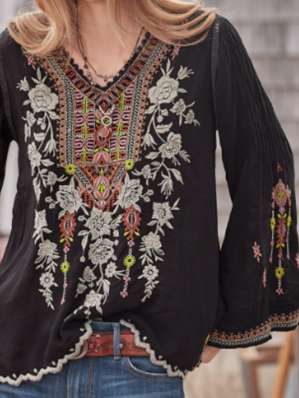 Johnny Was Embroidered Floral Tunic Blouse, Bell Sleeves - Womens XL - Picture 1 of 16